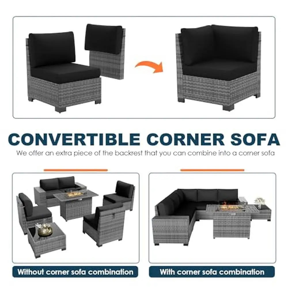 7 Piece Outdoor Patio Furniture Set with Fire Pit Table Sectional Conversation Sofa Cocktail Table Waterproof Cover Grey/Black