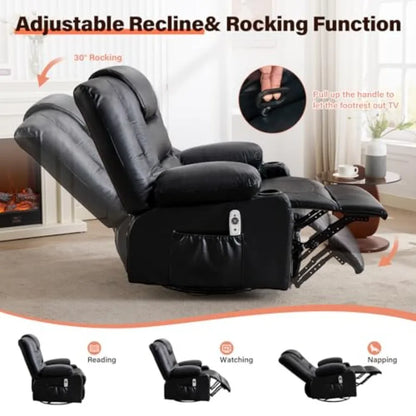 Swivel Rocker Recliner Chair with Vibration Massage and Heat for Living Room, with Rocking Function and Side Pocket, PU Leather