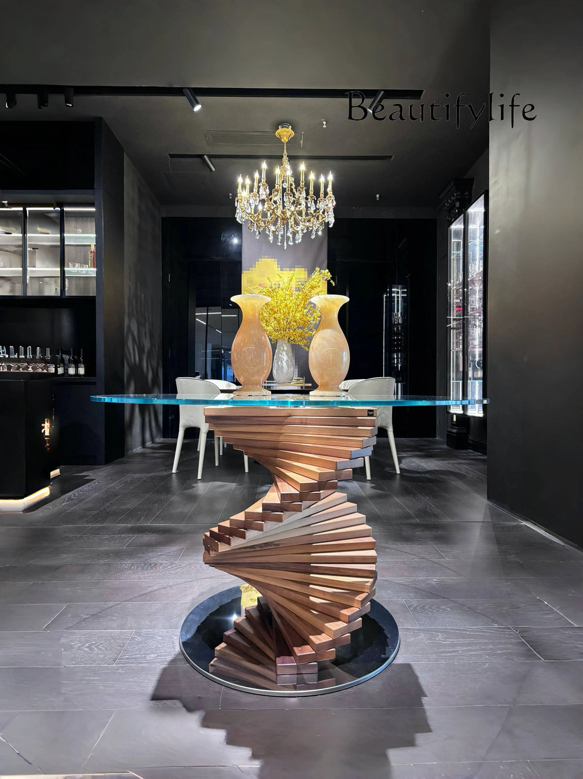 Italian retro arc design tempered glass round table light luxury special-shaped ash solid wood rotating ladder dining table