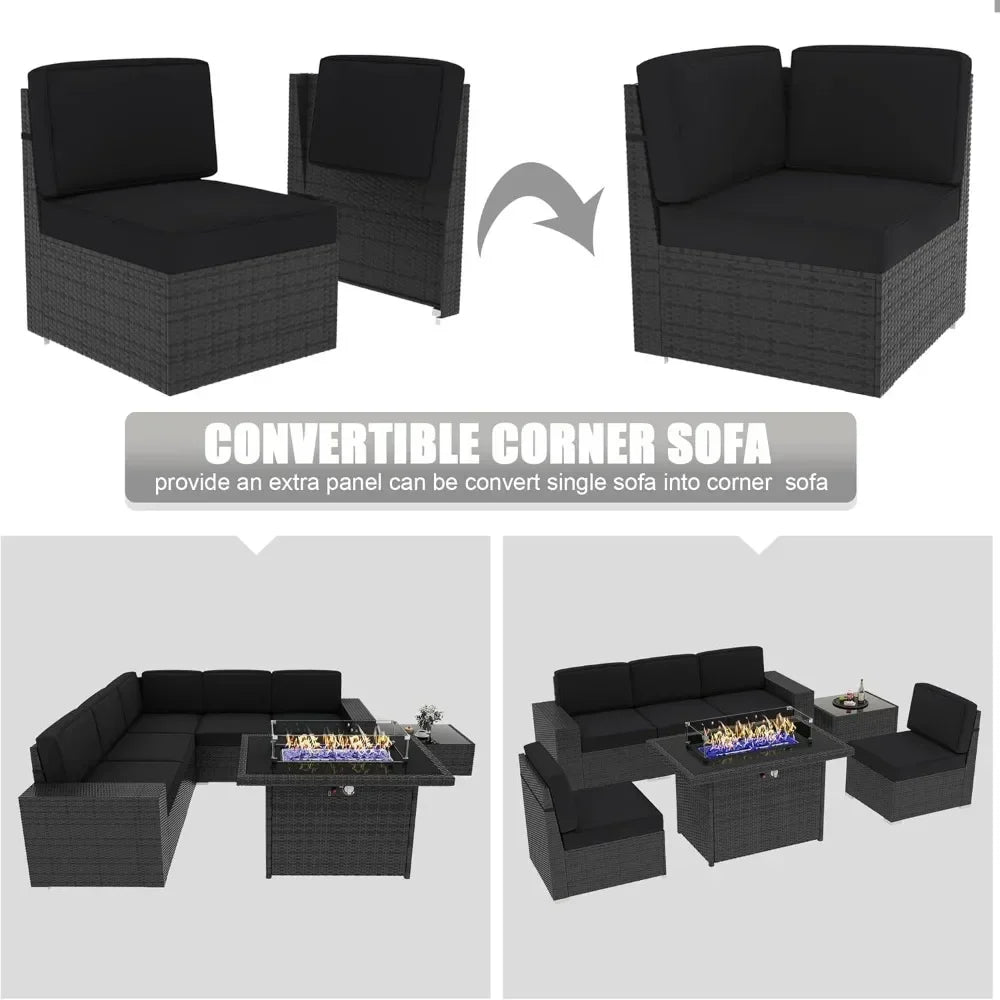 7-Piece Outdoor Patio Furniture with 44-inch Fire Pit Table Rattan Sectional Sofa Conversation Set