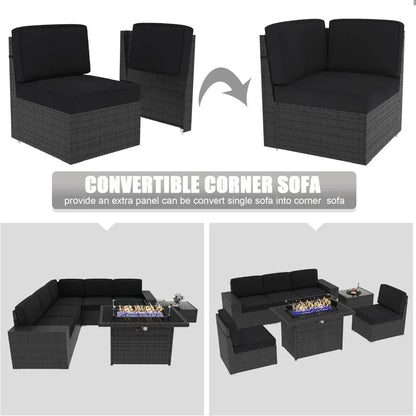 7-Piece Outdoor Patio Furniture with 44-inch Fire Pit Table Rattan Sectional Sofa Conversation Set