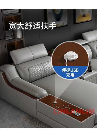 Modern U-Shaped Sectional Sofa Set with Chaise Lounge, Genuine Leather Couch with Storage Table, USB – Big Living Room Furniture