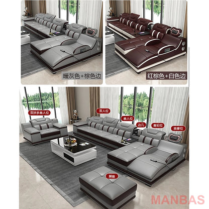 MANBAS Italian Genuine Leather Sectional Sofa with Bluetooth, Speaker, Functional Headrest, Massage Chaise L Shape Corner Sofas
