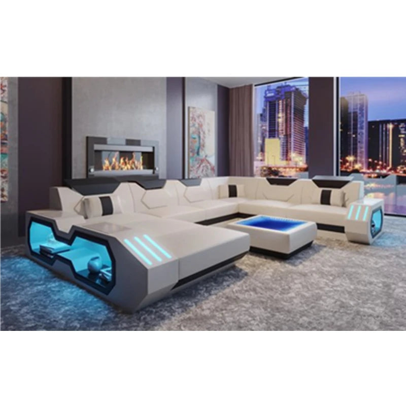 Luxury Italy Design Sectional Sofa Bed Modern LED Living Room Furniture Genuine Leather Sofas Sets