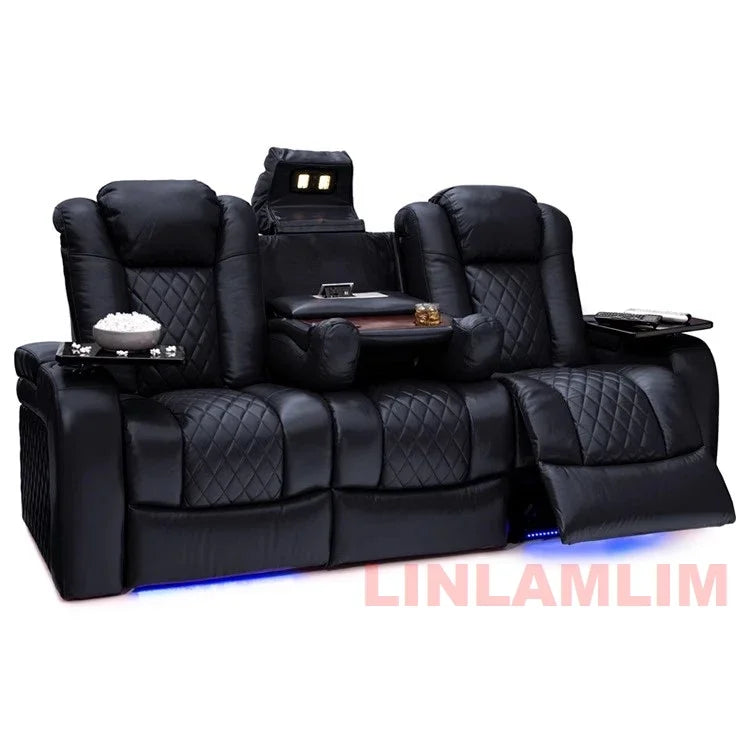 Luxury Dual Motors Power Reclining Sofa with LED Lighting, USB, Hidden Storage, Fold-Down Table & Tray – 3-Seat Recliner Sofa
