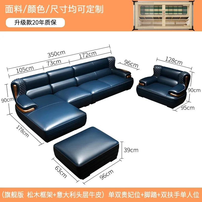 The first layer leather sofa high-grade villa solid wood high-end living room modern simple apartment blue Nordic style custom