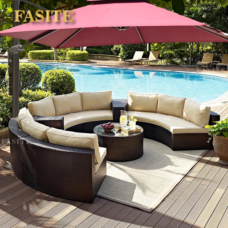 Outdoor circular rattan sofa chair, courtyard, outdoor rattan woven garden sofa combination