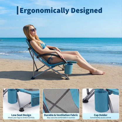 2 Pack Low Beach Chairs Folding Portable Camping Chair Heavy Duty Wide Seat With Cup Holder Carry Bag For Outdoor Sand Travel
