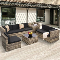 HOME-8 Piece Outdoor Wicker Patio Furniture Sectional Set, Glass Top Table With Hidden Storage, Includes 7 Seating Componentscam