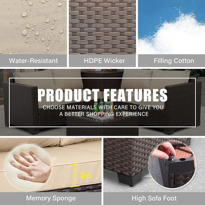 4-Piece Outdoor Brown Wicker Sectional Sofa Set with Storage Table and Khaki Cushions