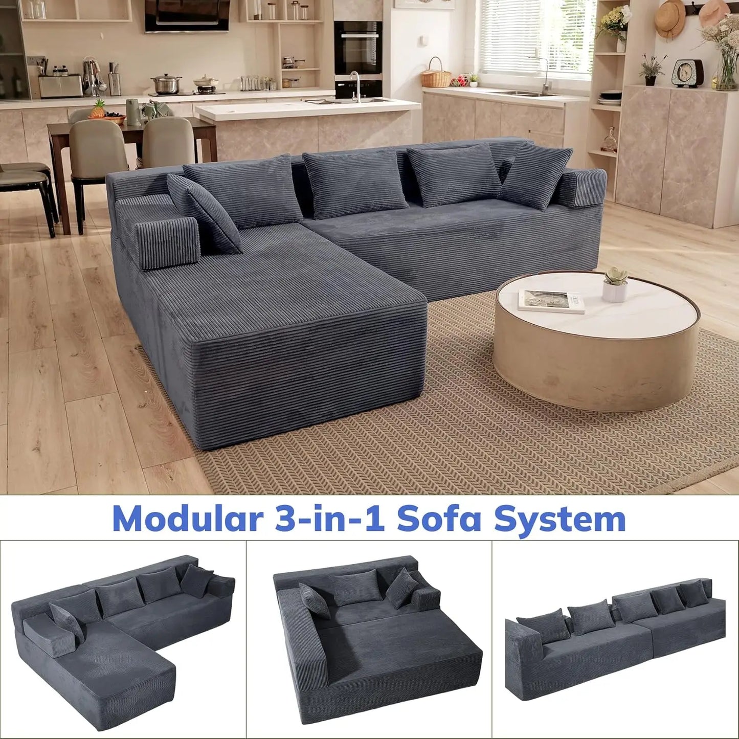 106'' Cloud Sectional Couch with Chaise, Corduroy Modern Modular Upholstered Compression Sofa with Deep Seat, No Assembly Requir