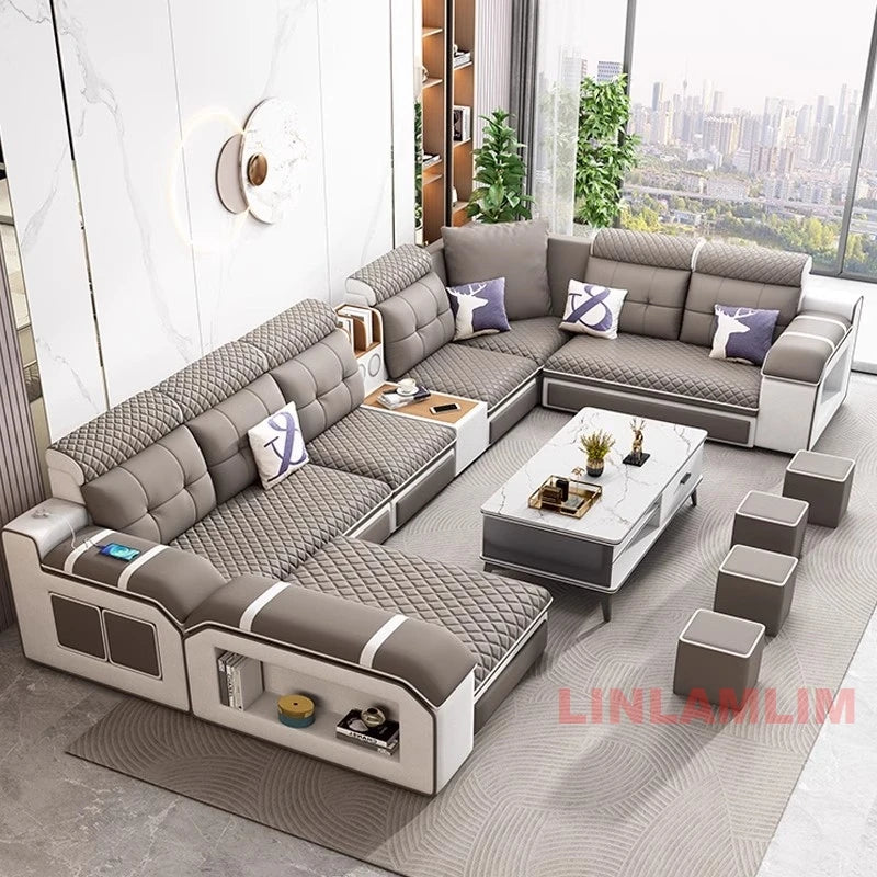 MANBAS Modern U-Shaped Fabric Sectional Sofa with Storage, Adjustable Headrests & USB Charging - Comfortable Quilted Upholstery