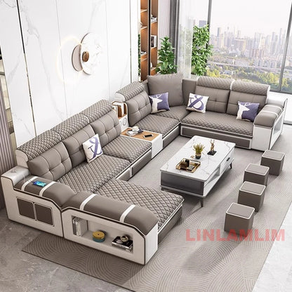 MANBAS Modern U-Shaped Fabric Sectional Sofa with Storage, Adjustable Headrests & USB Charging - Comfortable Quilted Upholstery