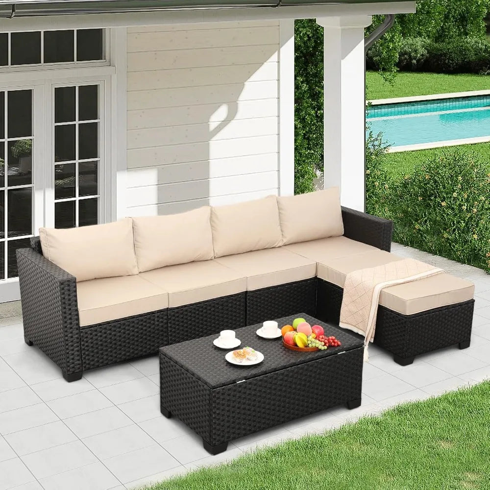 Outdoor Sectional Wicker Patio Furniture Long Patio Couch with Ottoman and Outdoor Storage Table 4 Pieces Patio Furniture Set