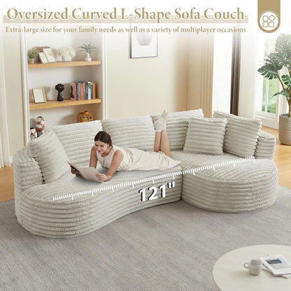 Deep Seated L-Shaped Cloud Sofa with Oversized Chaise, Sleeper Sectional Couch in Corduroy for Comfortable Relaxation