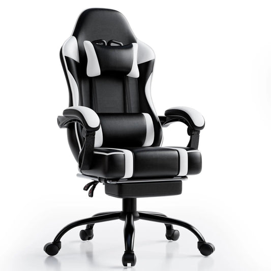 Video Game Desk Chair - Ergonomic Computer with Footrest and Comfy Lumbar Support, PU Leather Recliner with 360° Swivel