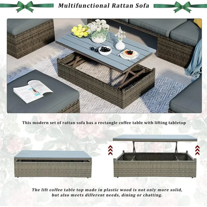 y 5-Piece Patio Furniture Sets with Adustable Backrest, Ottomans and Lift Top Coffee Table, All Weather Waterproof Wicker