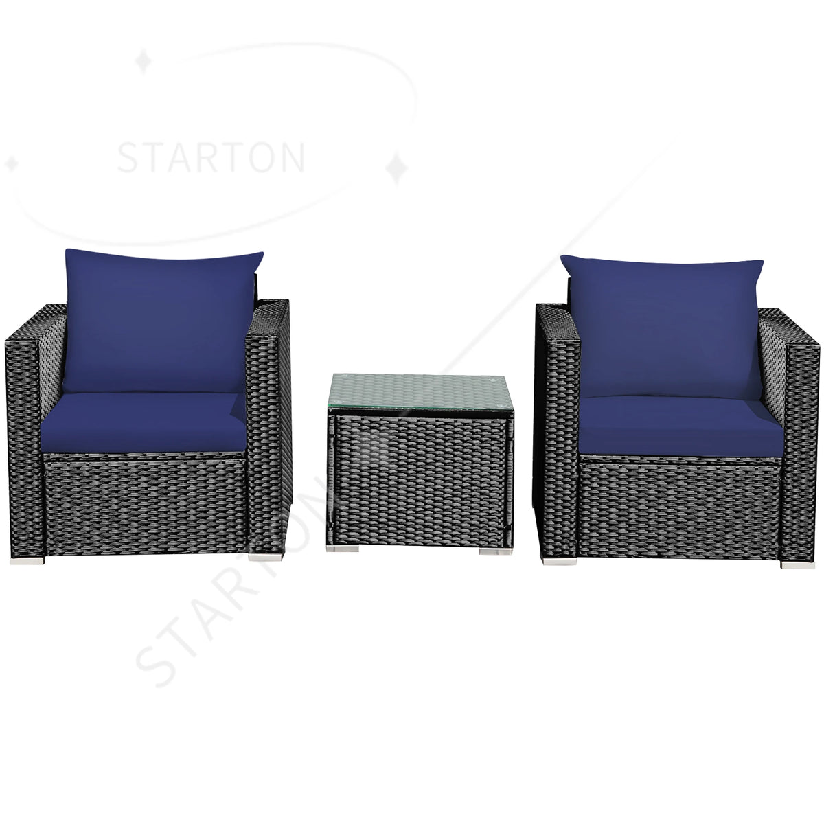 Latest Arrival 3PCS Patio Rattan Wicker Furniture Set Sofa Table W/Cushion Yard Navy