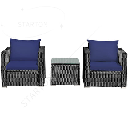 Latest Arrival 3PCS Patio Rattan Wicker Furniture Set Sofa Table W/Cushion Yard Navy