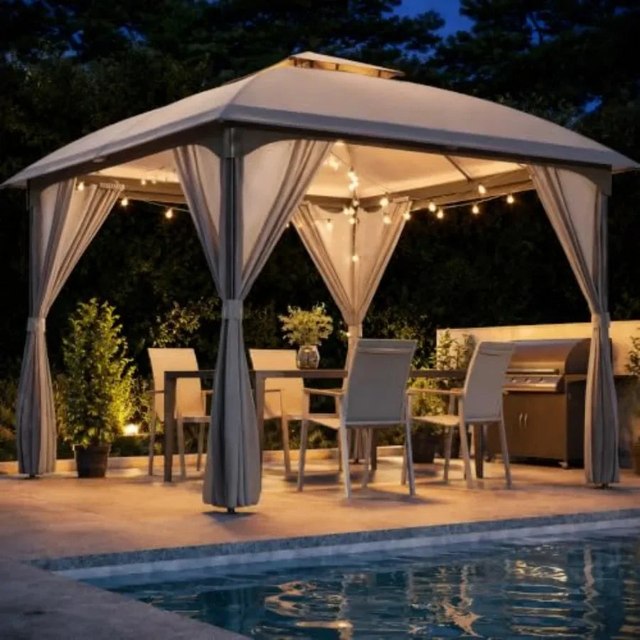10'x10' Patio Arc Gazebo, Outdoor Canopy Tent with Curved Roof Design, Double Tier Top, Privacy Curtains and Wind-Resistant Rop
