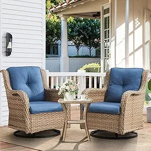 Chair Outdoor, Patio Bistro Furniture Conversation Set, Cushioned Wicker Chair with Glass Coffee