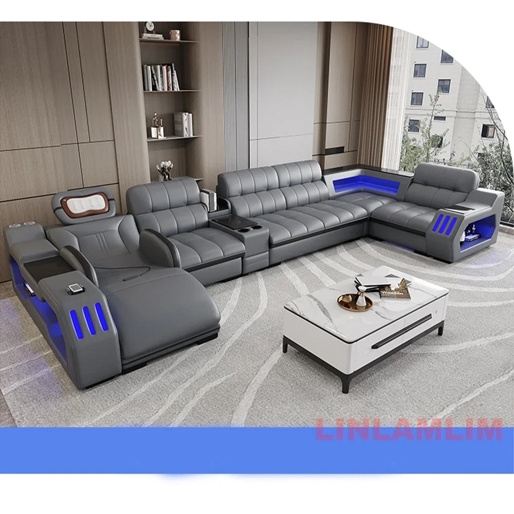 Modern Sectional Sofa Bed with LED Light, Electric Recliner and Massage | Living Room Genuine Leather Couch with Cup Holder, USB