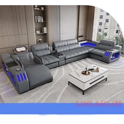 Modern Sectional Sofa Bed with LED Light, Electric Recliner and Massage | Living Room Genuine Leather Couch with Cup Holder, USB