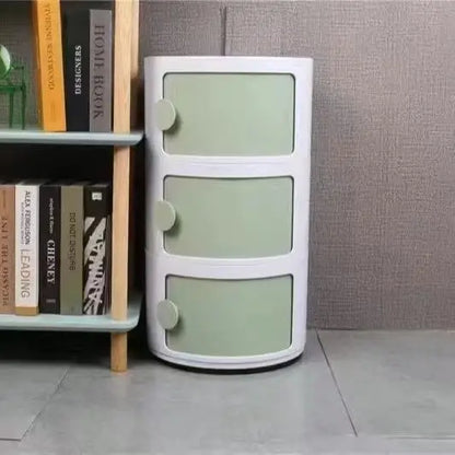 Plastic Round Nightstand Bedside Table Cabinet with Sliding Doors Round Storage Bedside Cabinet Nightstand  for Living Bedroom