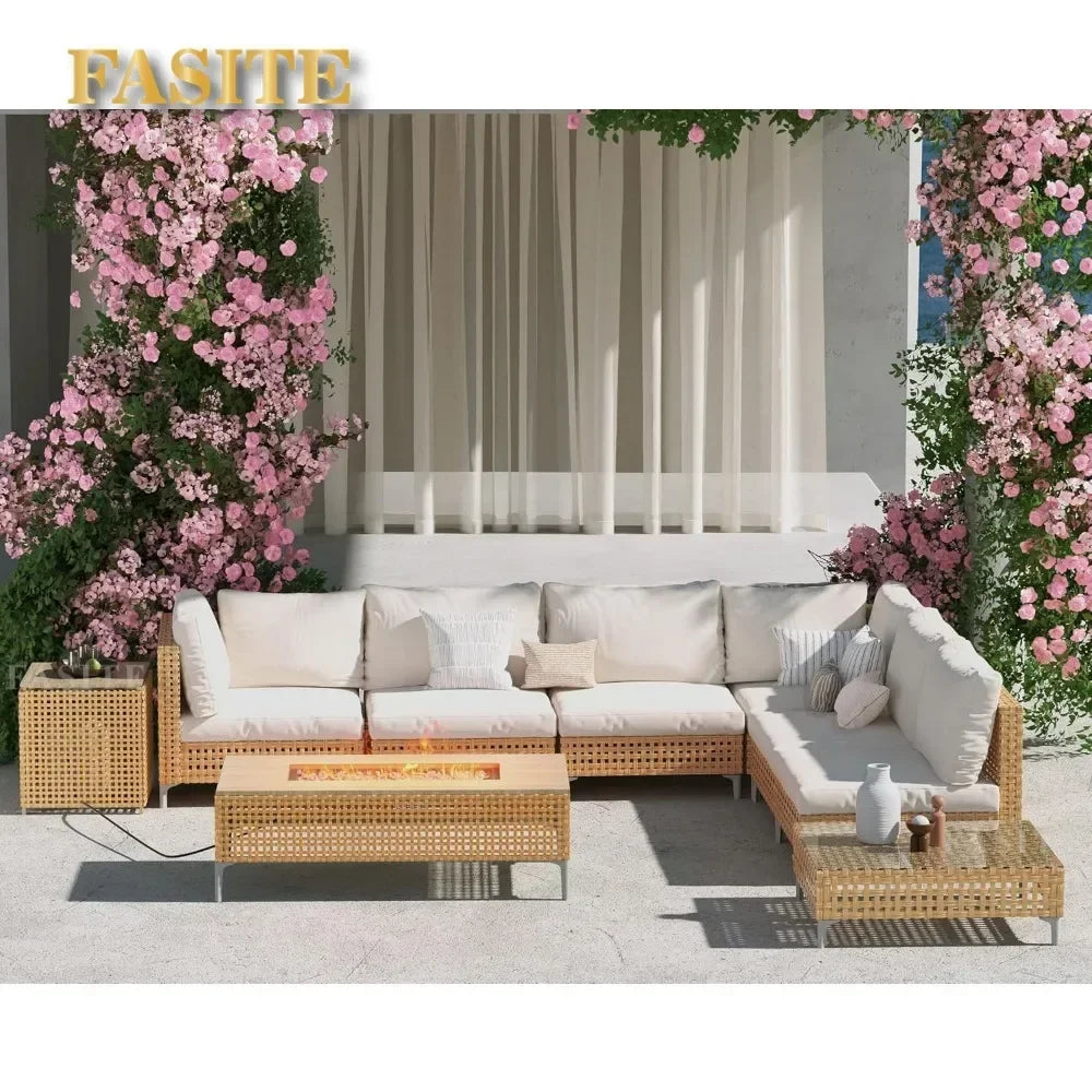 9-Piece Patio Furniture Set with 47" Fire Pit Table, Propane Fire Pit & Storage Box with Water Resistant Cushions Economically