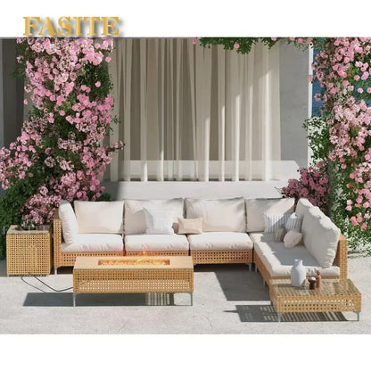 9-Piece Patio Furniture Set with 47" Fire Pit Table, Propane Fire Pit & Storage Box with Water Resistant Cushions Economically