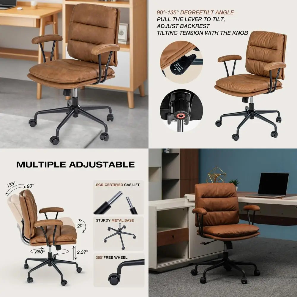 Ergonomic PU Leather Office Chair with Lumbar Support and Detachable Armrests for Comfortable Swivel Seating