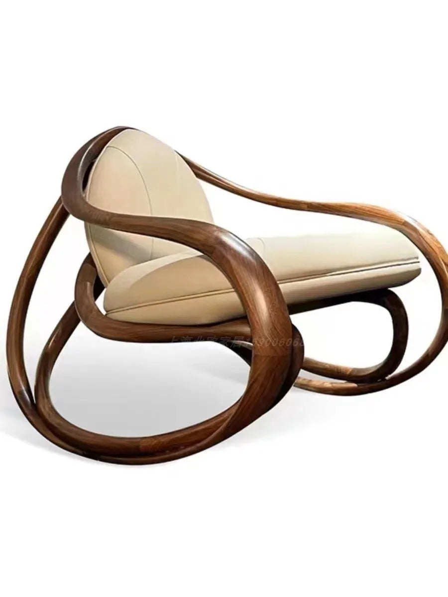 FG black walnut leather balcony lazy chair villa living room leisure solid wood rocking chair