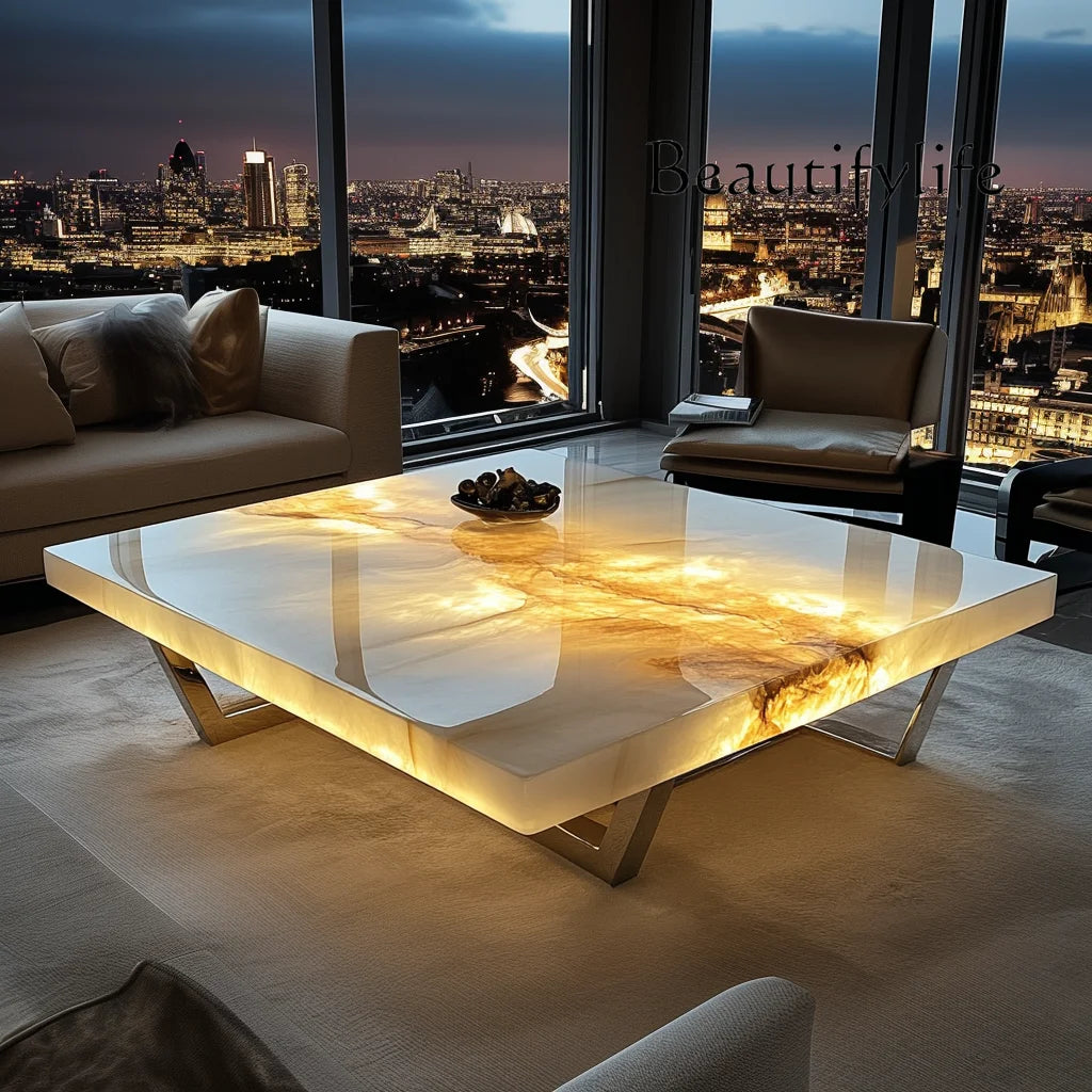French square luminous jade luxury stone coffee table advanced modern natural marble living room minimalist