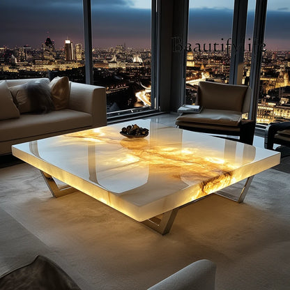 French square luminous jade luxury stone coffee table advanced modern natural marble living room minimalist