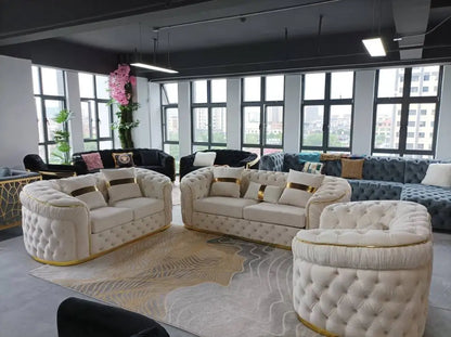 Home Luxury White Velvet Love Seat Three Seats Tufted Living Room Sofa Gold Stainless Steel Decoration
