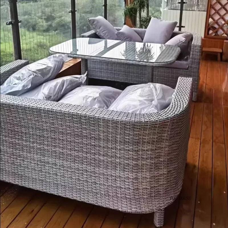 European Outdoor Garden Sofas Leisure PE Rattan Garden Terrace Sofa Chair Set Courtyard Balcony Double Sofa Outdoor Furniture AA