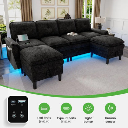 Sectional Couches with Charging, Storage Ottoman, 4-Seat LED U-Shape Sofa for Modern Living Rooms