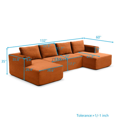 132-Inch boneless sofa, modern corduroy U-shaped modular section sofa, comfortable sofa with cup holder