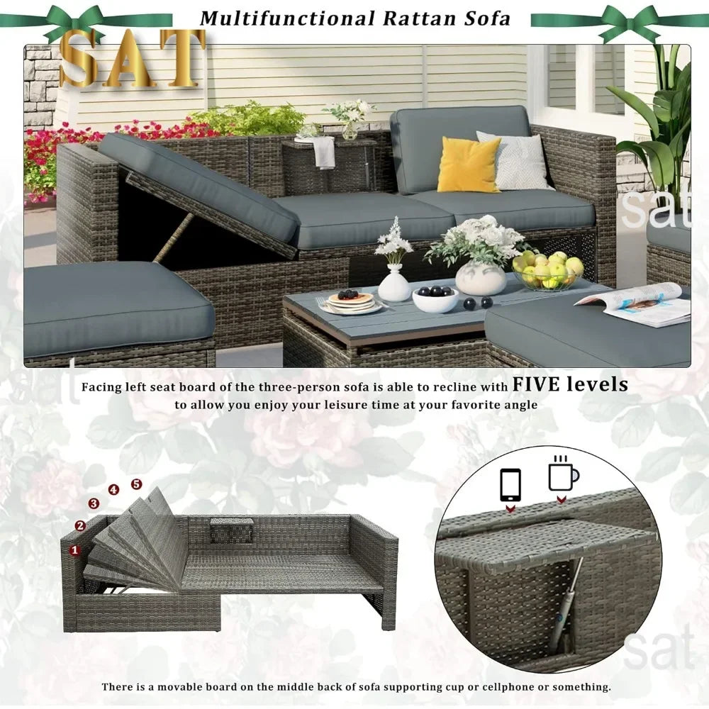 y 5-Piece Patio Furniture Sets with Adustable Backrest, Ottomans and Lift Top Coffee Table, All Weather Waterproof Wicker