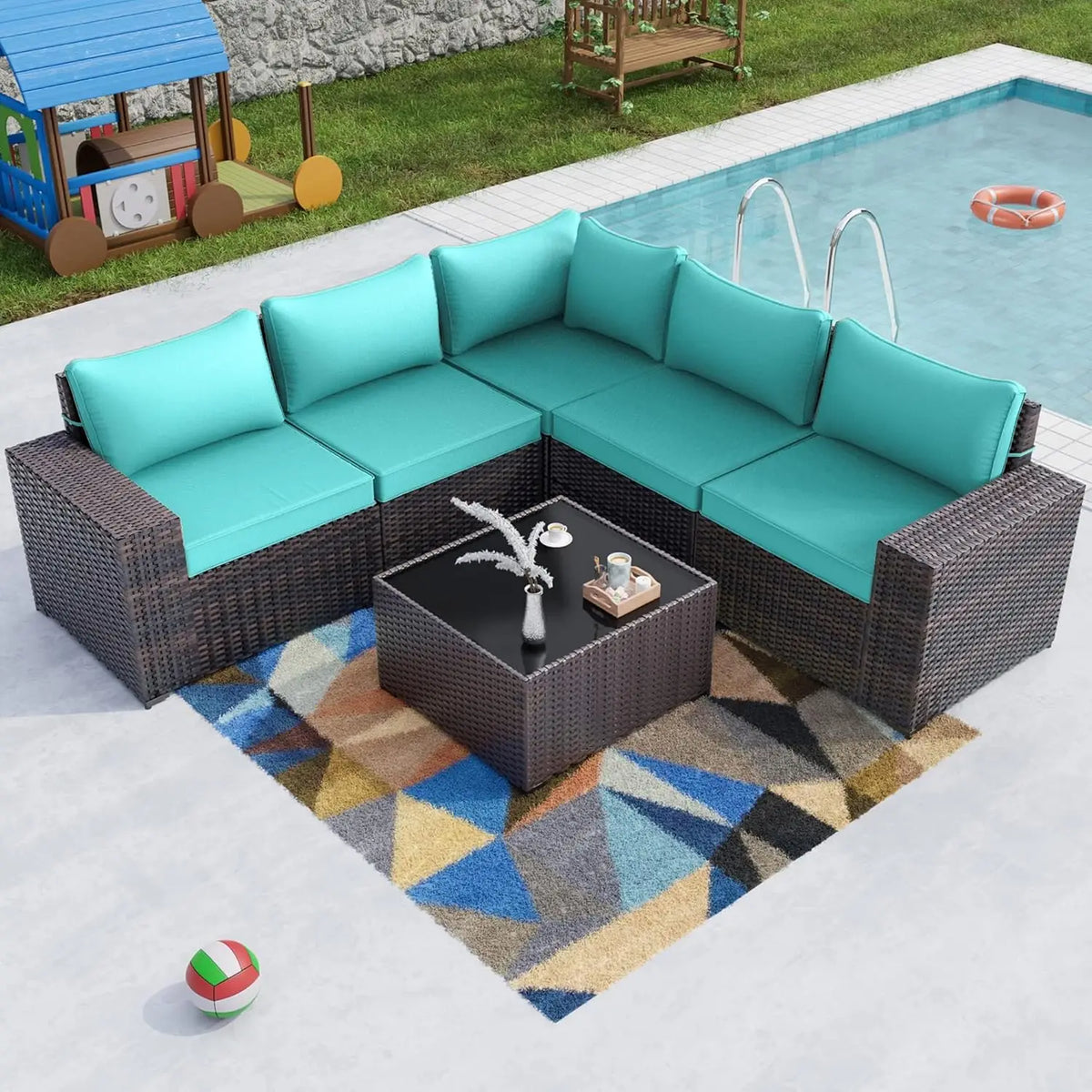 6PCS Outdoor Patio Furniture Set PE Wicker Rattan Sectional Sofa Patio Conversation Sets, Customized