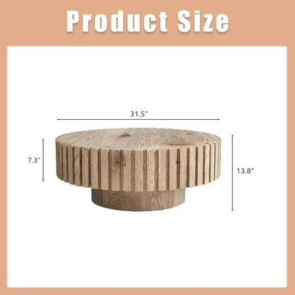 Round Wood Coffee Table for Living Room Modern Rustic Fluted Solid Wood Coffee Table Pedestal Center Table Circle Tea Tables