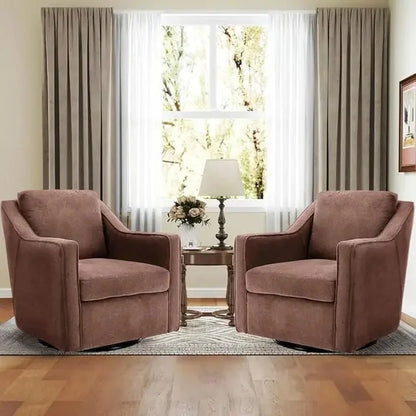 Set of 2 Upholstered Swivel Accent Chairs with Track Arms, Thick Padding, Solid Metal Base, Mid-Century Modern Design