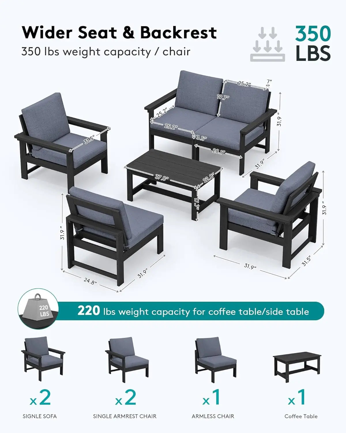 HDPE Patio Conversation Set, 6-Piece Sectional Outdoor Furniture Set, All Weather Outdoor Couch Set Patio Furniture Set