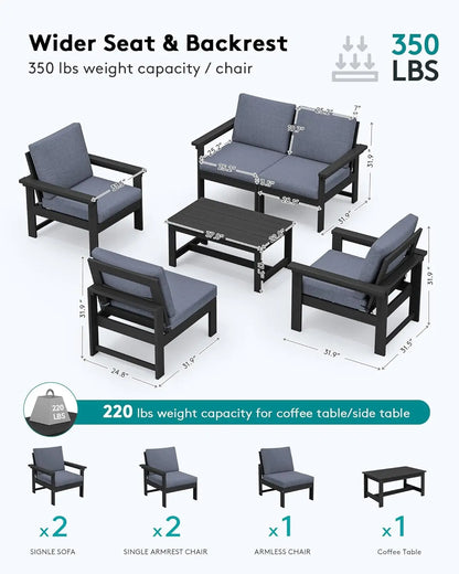 HDPE Patio Conversation Set, 6-Piece Sectional Outdoor Furniture Set, All Weather Outdoor Couch Set Patio Furniture Set