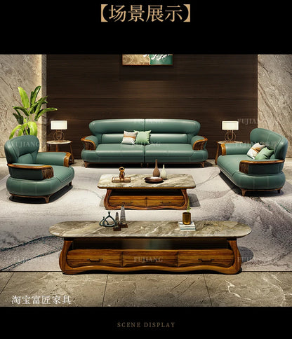 Leather sofa modern high-end villa living room 123 combination solid wood furniture simple and modern