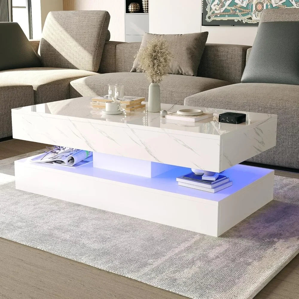 LED Coffee Table with Storage Drawers, Modern High Gloss Coffee Table Colors LED Lights,  Rectangle Center Table
