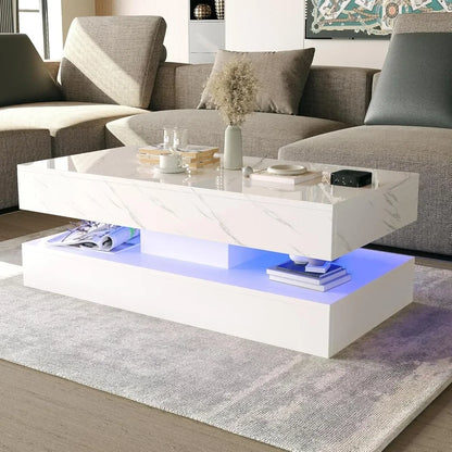 LED Coffee Table with Storage Drawers, Modern High Gloss Coffee Table Colors LED Lights,  Rectangle Center Table