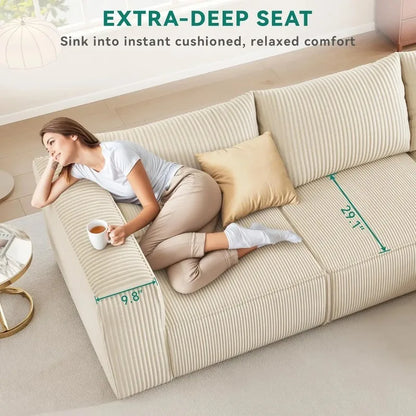 Luxurious 3-Seat Deep Modular Sectional Sofa with Cloud Comfort and 3 Pillows in Corduroy for Living Spaces and Apartments