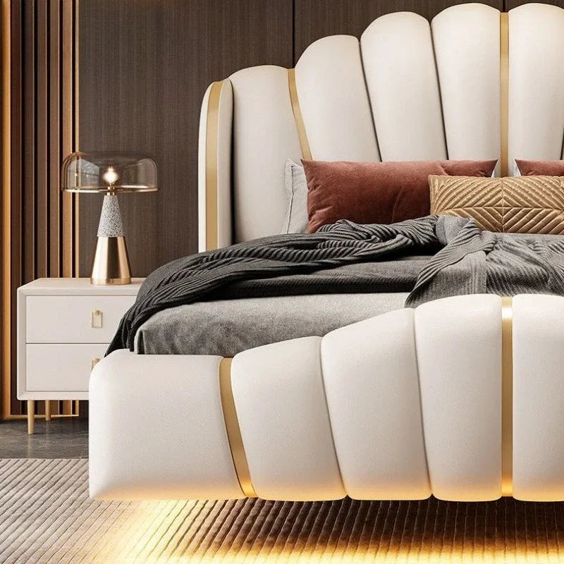 Light luxury luxury soft bag bed adult leather bed suspended double high-end LED smart light leather master bedroom