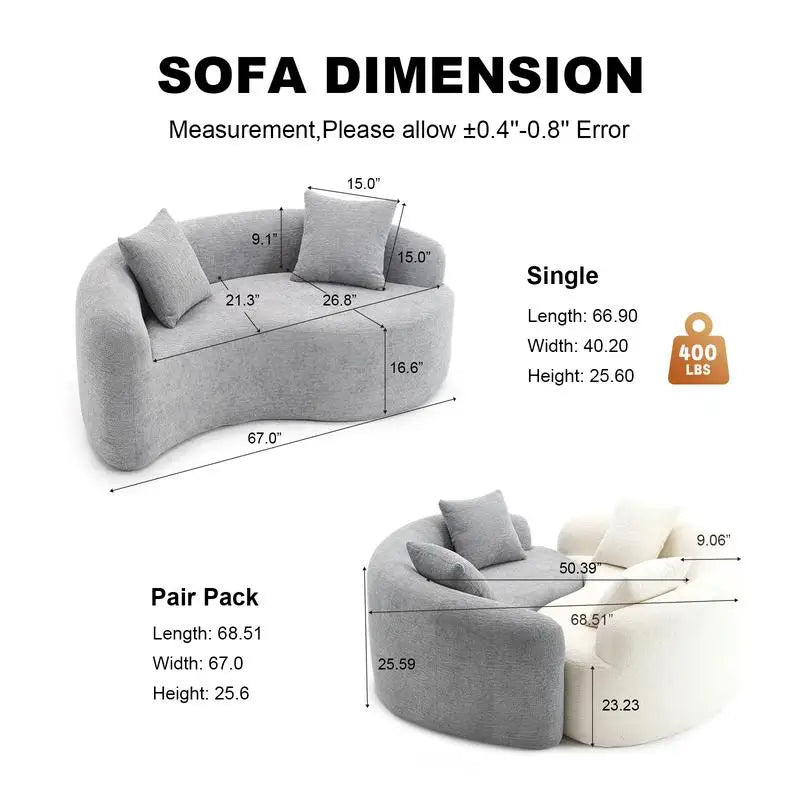 S-Curved Dual-Depth Loveseat, Compression Foam Sofa, Light Grey Chenille, Modular Design for Small Spaces, Max Load 400 lbs,
